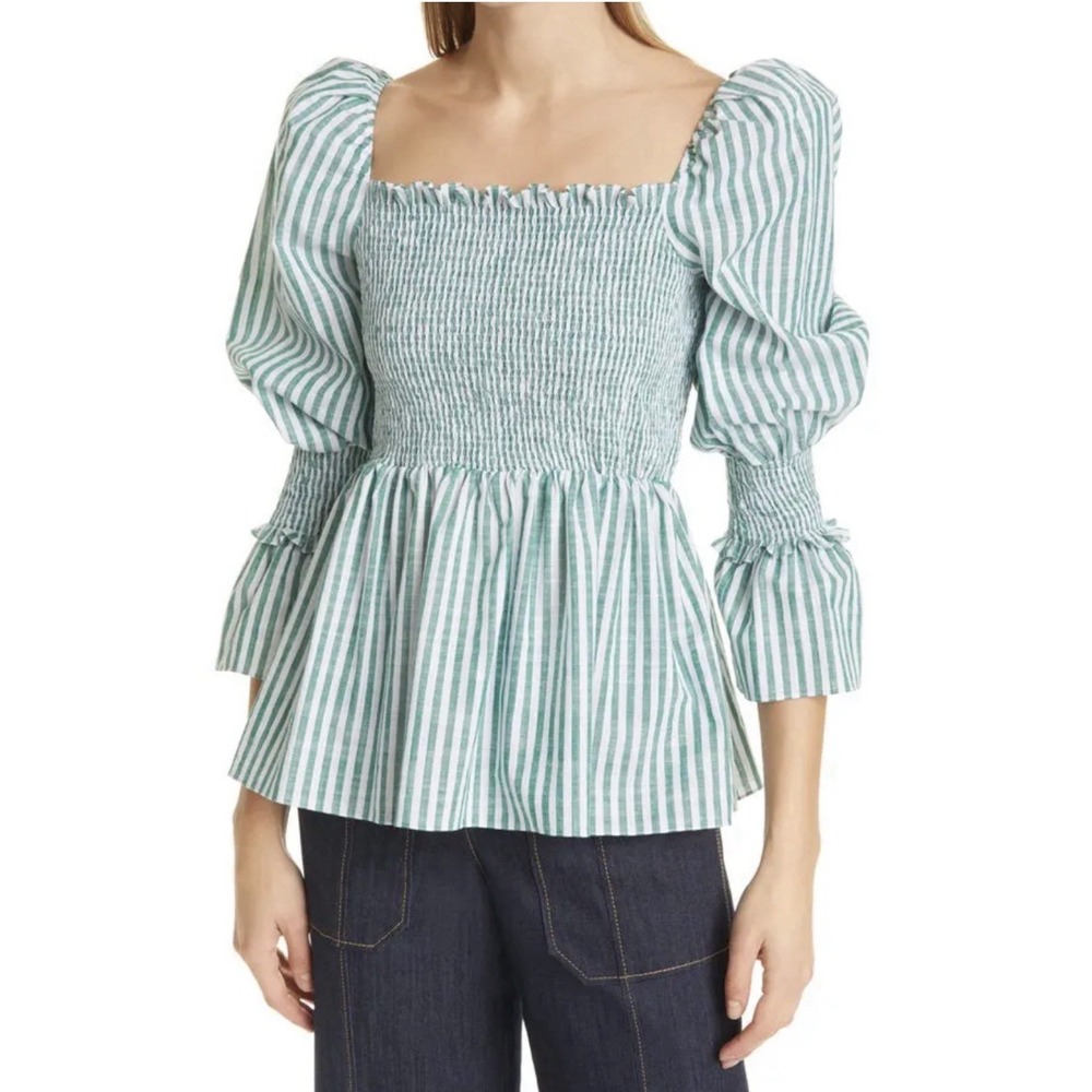 Cinq à Sept Adly Stripe Smocked Top in green and white Size XS Peasant